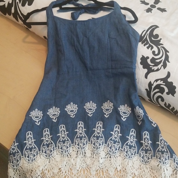 Denim Halter Top With Beautiful Crochet Detail - Picture 7 of 8